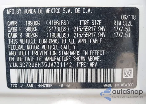 2018 Honda Hr-V Lx z USA, uszkodzony, nr VIN 3CZRU6H35JM731142